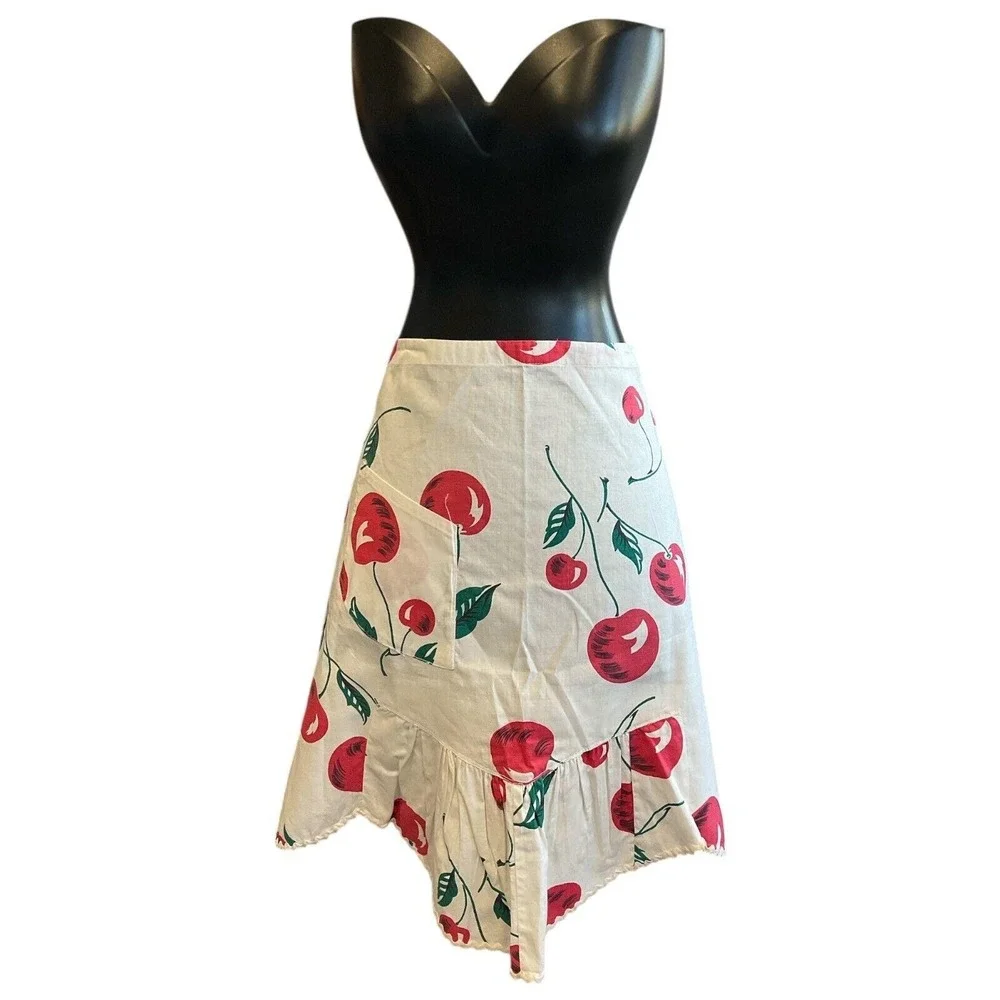 Vintage Apron Handmade Red Cherries on White Slant Pocket Rick‎ Rack Embellished
